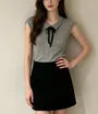 Cap Sleeve V-Neck Collared Ribbon Slim-Fit Top