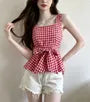 Square-Neck Gingham Tie-Waist Peplum Tank Top