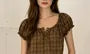Puff Sleeve Scoop Neck Plaid Loose-Fit Blouse