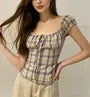 Cap Sleeve Scoop Neck Plaid Tie-Front Slim-Fit Blouse