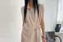 Sleeveless Henley Plain Asymmetrical Midi Shirt Dress
