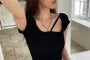 Short-Sleeve Square Neck Plain Ruched Crop T-Shirt