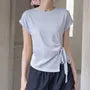 Short-Sleeve Crewneck Asymmetrical Plain Crop T-Shirt