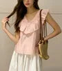 V-Neck Ruffled-Trim Plain Sheer Loose-Fit Tank Top